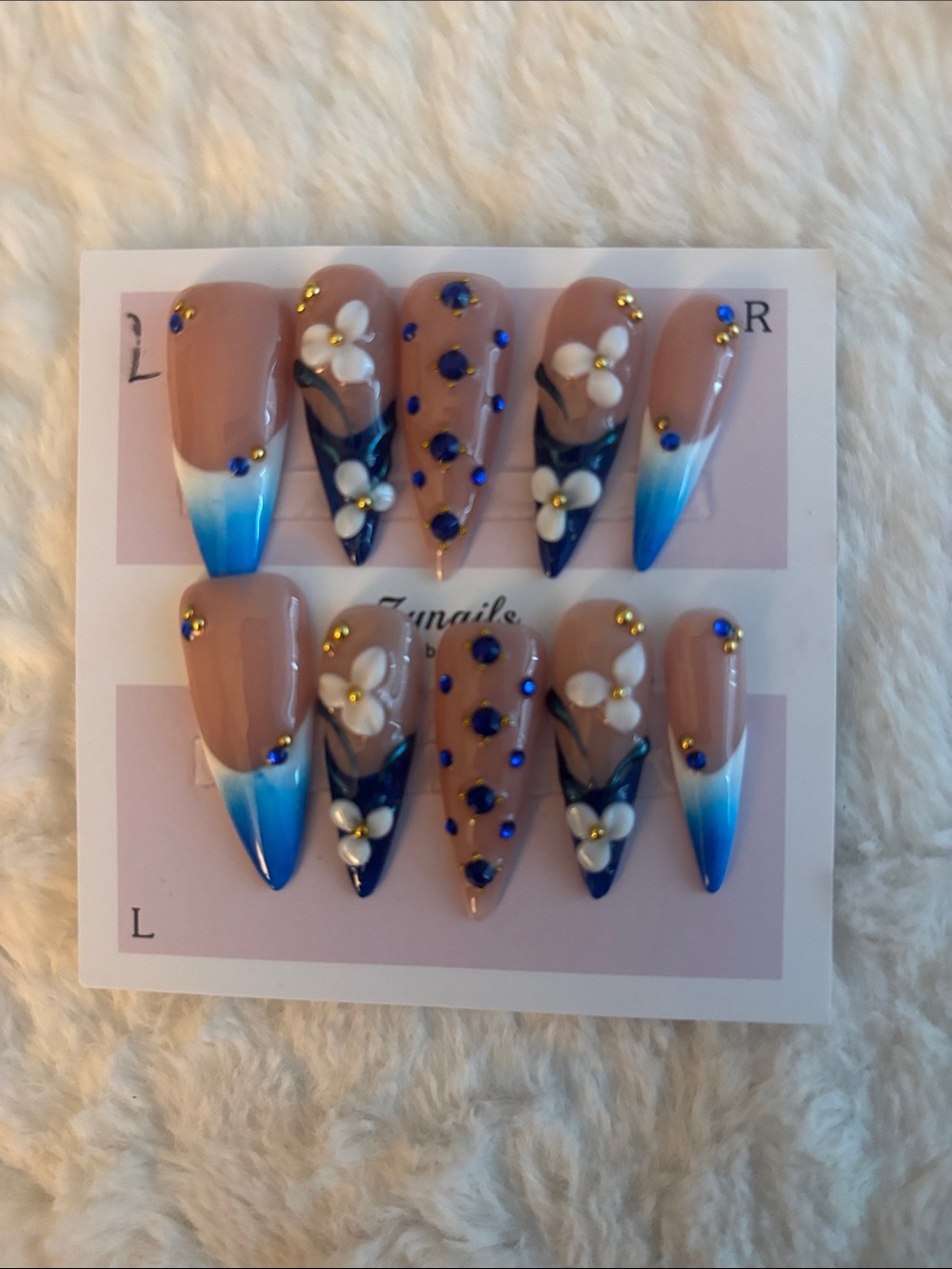 Hand-Painted Blue Ombre Floral Press-On Nails